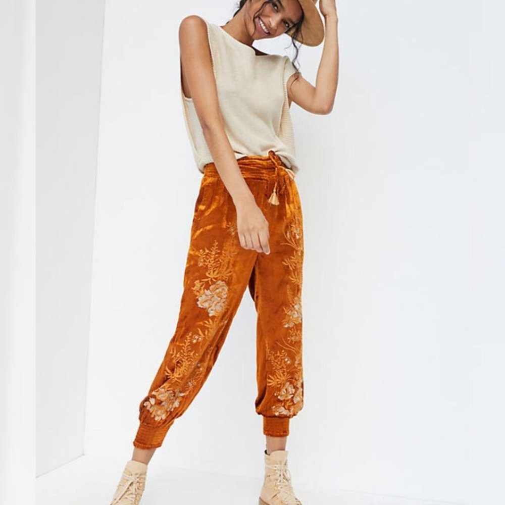 Anthropologie Rosie Embroidered Velvet Joggers NEW
